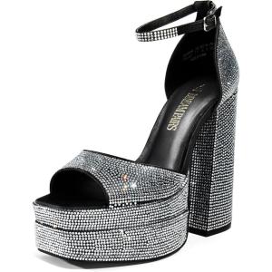 DREAM PAIRS High Heels Chunky Block Platform Heels for Women Ankle Strap Sexy Open Square Toe Heels Dressy Pumps Sandals(Black-rhinestone)