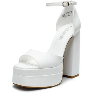 DREAM PAIRS High Heels Chunky Block Platform Heels for Women Ankle Strap Sexy Open Square Toe Heels Dressy Pumps Sandals(White)
