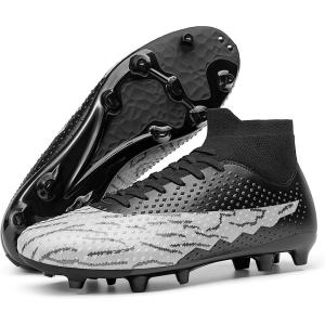 DREAM PAIRS Men’s Firm Ground Soccer Cleats High-top Football Cleats FG/AG Professional Training Outdoor Lightweight Soccer Shoes(Black/Light Grey)