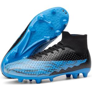 DREAM PAIRS Men’s Firm Ground Soccer Cleats High-top Football Cleats FG/AG Professional Training Outdoor Lightweight Soccer Shoes(Black/Royal Blue)