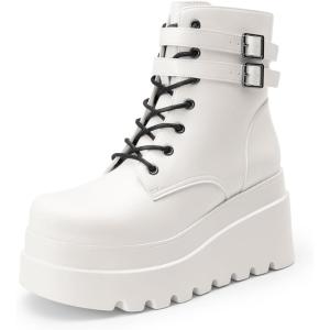 DREAM PAIRS Women Platform Combat Ankle Boots Goth Chunky High Heel Lace Up Motorcycle Booties(White)