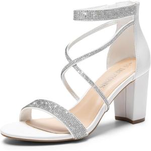 DREAM PAIRS Women’s Chunk Low Heel Pump Sandals(All White-pu)