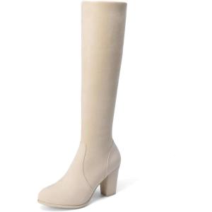 DREAM PAIRS Women’s Chunky Heel Knee High Boots(Beige)