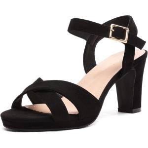 DREAM PAIRS Women’s Chunky Heels Open Toe Ankle Strap Sparkly Heels Pump Sandals(Black/Suede)