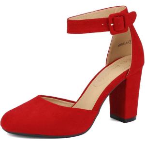 DREAM PAIRS Women’s High Heel Ankle Strap Closed Toe Chunky Wedding Pumps Shoes(Red/Suede)