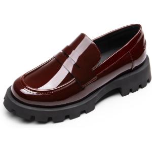 DREAM PAIRS Womens Loafers, Lug Sole Slip On Platform Chunky Penny Loafers for Women Dressy and Work, Business Casual Shoes for Women(Burgundy-pat)