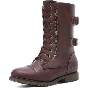 DREAM PAIRS Women’s Mid Calf Built-in Wallet Pocket Lace up Military Combat Boots(Burgundy)