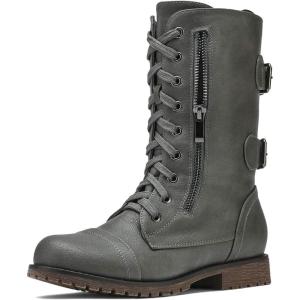 DREAM PAIRS Women’s Mid Calf Built-in Wallet Pocket Lace up Military Combat Boots(Classic Grey)