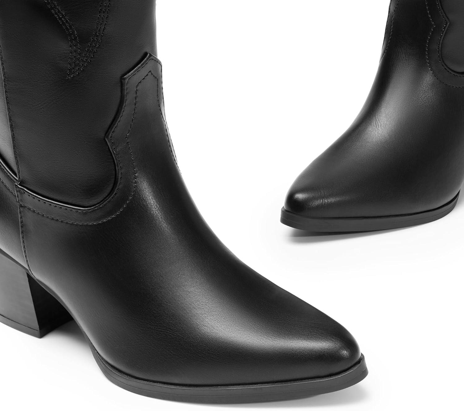 imageDREAM PAIRS Cowboy Boots for Women Cowgirl Knee High Boots Comfortable Pull On Zipper Chunky Heel Pointed Toe Embroidered Western BootsBlack