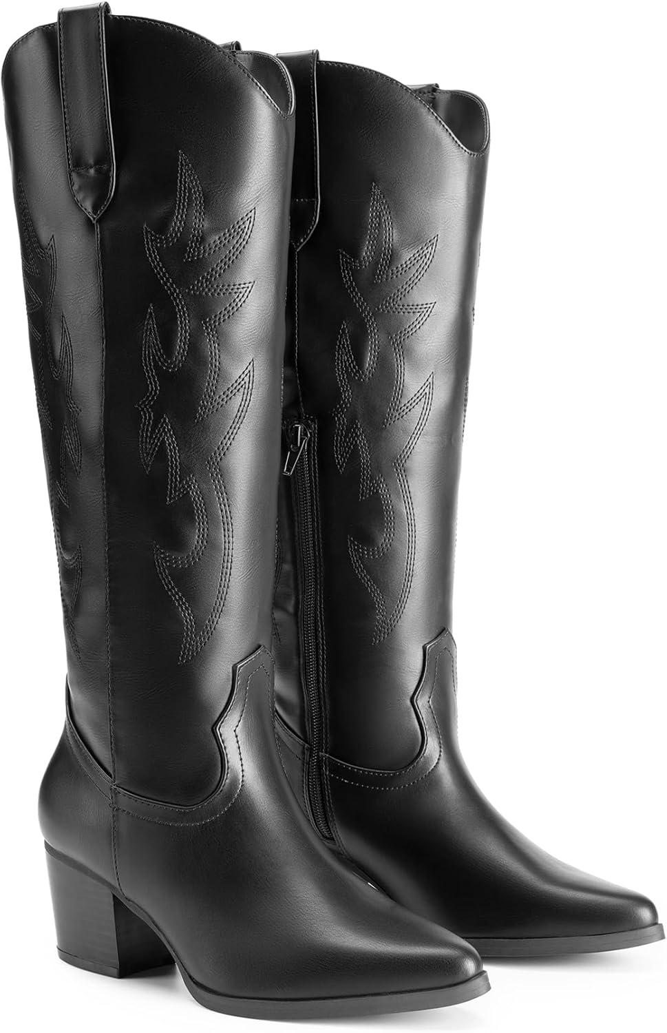 imageDREAM PAIRS Cowboy Boots for Women Cowgirl Knee High Boots Comfortable Pull On Zipper Chunky Heel Pointed Toe Embroidered Western BootsBlack