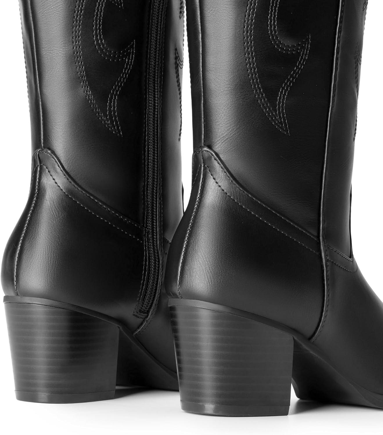 imageDREAM PAIRS Cowboy Boots for Women Cowgirl Knee High Boots Comfortable Pull On Zipper Chunky Heel Pointed Toe Embroidered Western BootsBlack