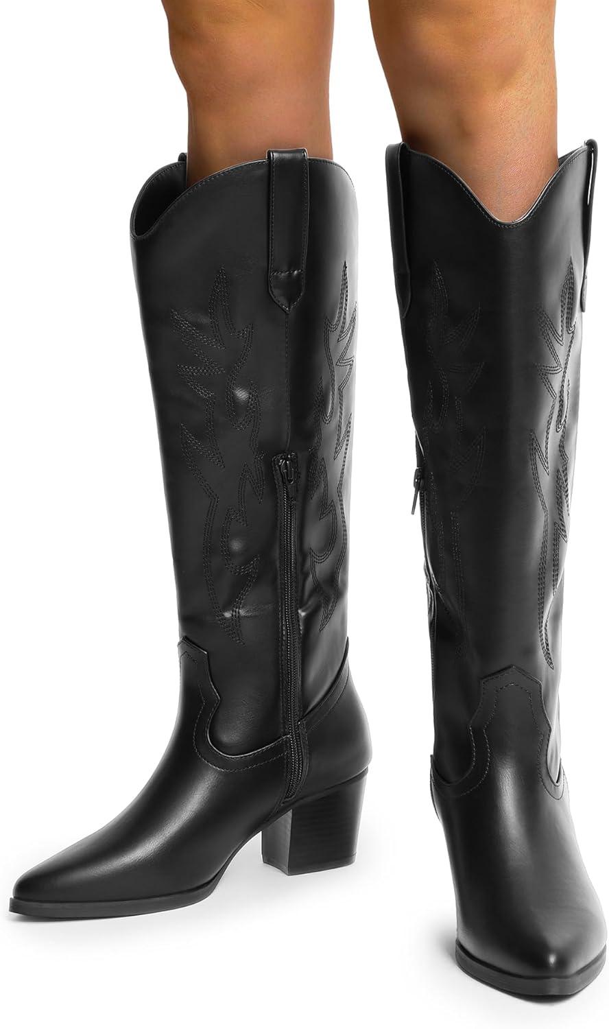 imageDREAM PAIRS Cowboy Boots for Women Cowgirl Knee High Boots Comfortable Pull On Zipper Chunky Heel Pointed Toe Embroidered Western BootsBlack