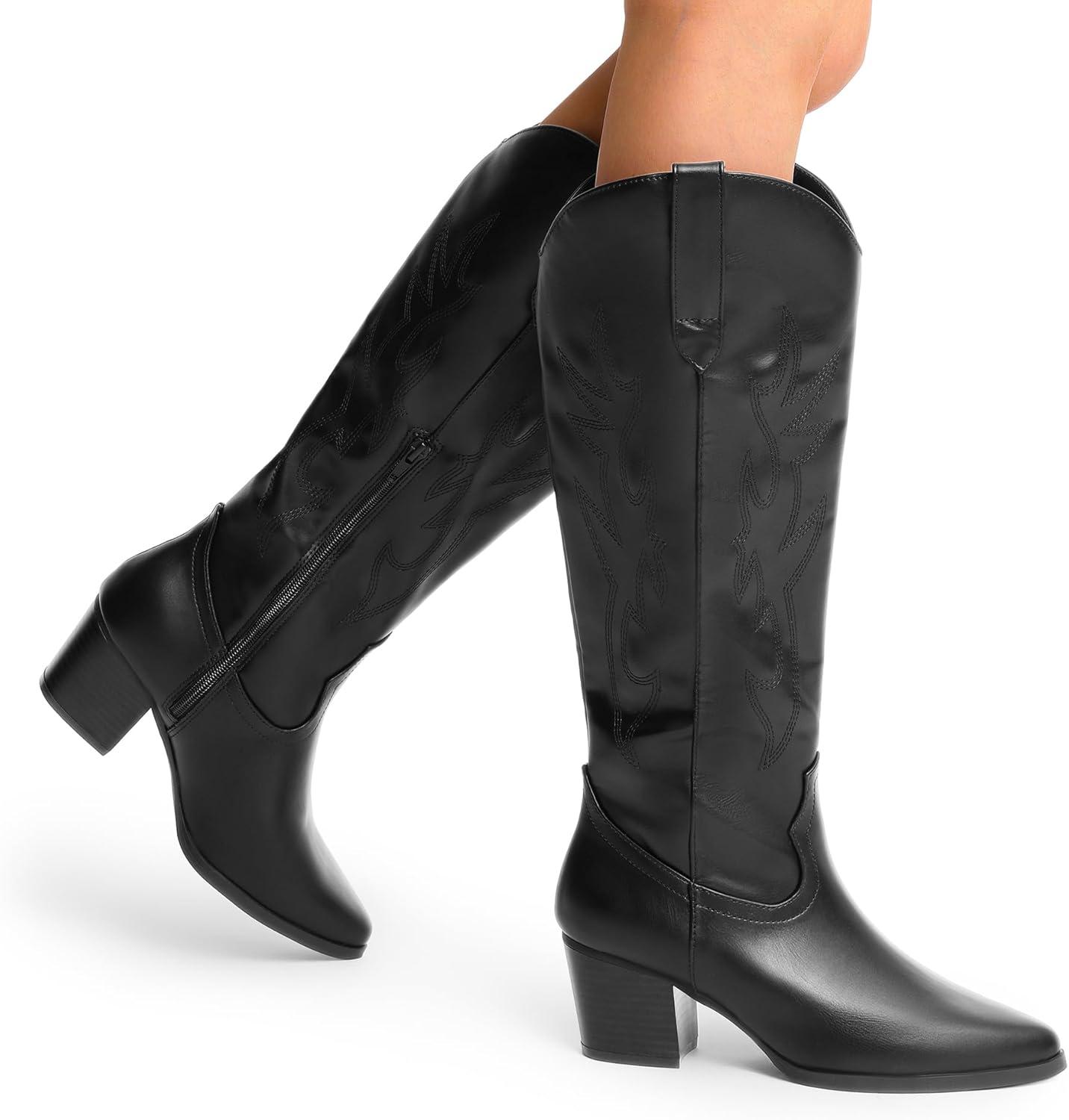 imageDREAM PAIRS Cowboy Boots for Women Cowgirl Knee High Boots Comfortable Pull On Zipper Chunky Heel Pointed Toe Embroidered Western BootsBlack