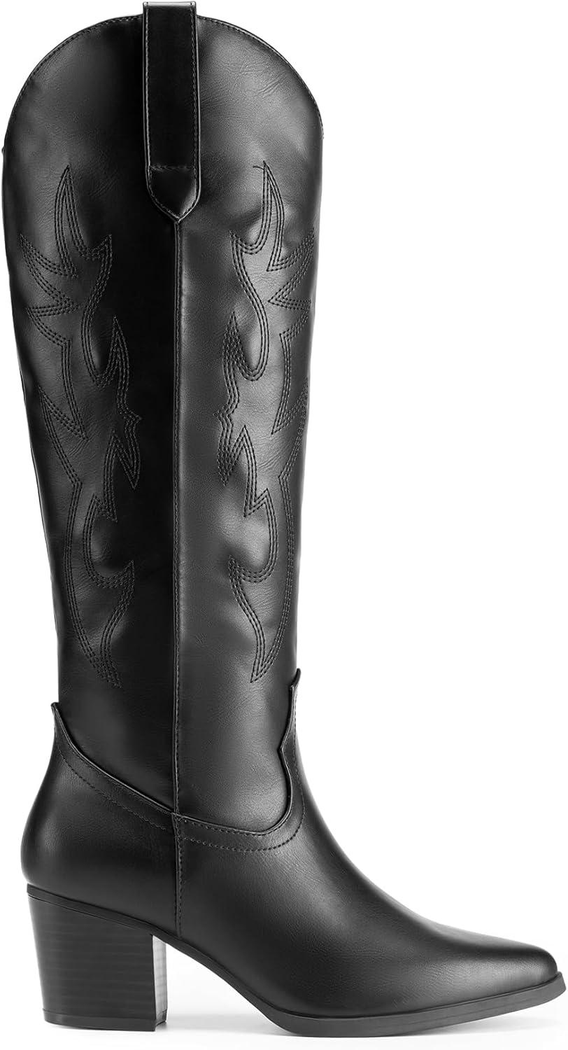 imageDREAM PAIRS Cowboy Boots for Women Cowgirl Knee High Boots Comfortable Pull On Zipper Chunky Heel Pointed Toe Embroidered Western BootsBlack