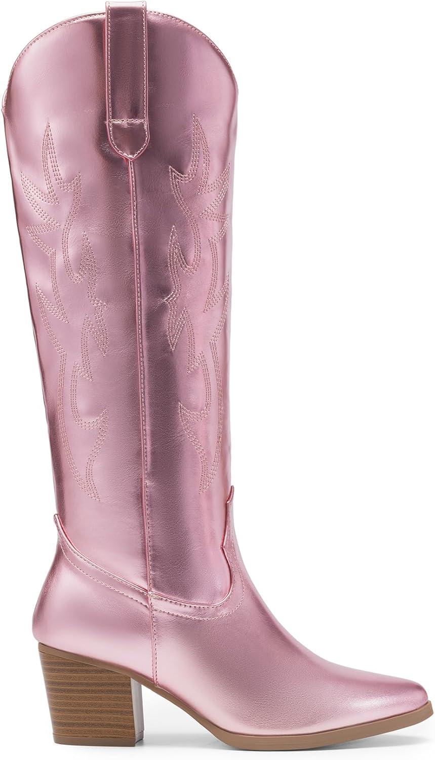 imageDREAM PAIRS Cowboy Boots for Women Cowgirl Knee High Boots Comfortable Pull On Zipper Chunky Heel Pointed Toe Embroidered Western BootsPinkmetal