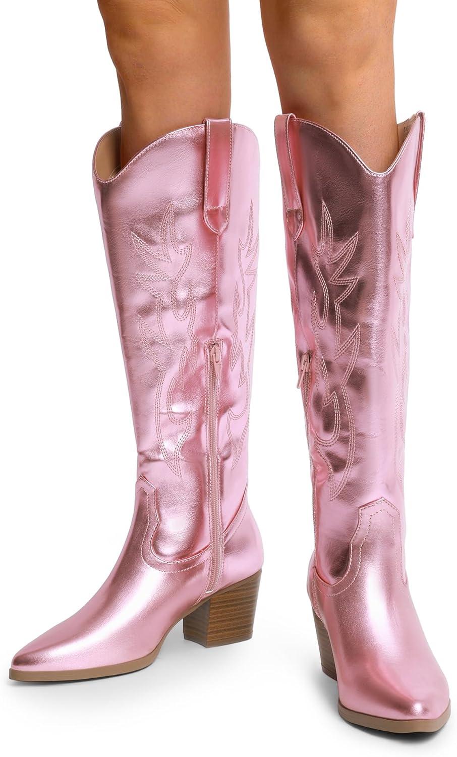 imageDREAM PAIRS Cowboy Boots for Women Cowgirl Knee High Boots Comfortable Pull On Zipper Chunky Heel Pointed Toe Embroidered Western BootsPinkmetal