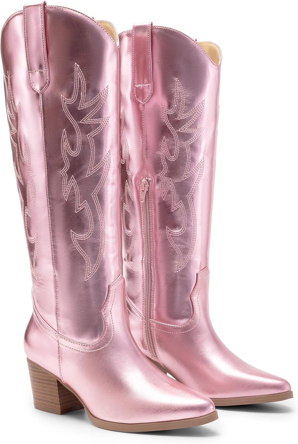 imageDREAM PAIRS Cowboy Boots for Women Cowgirl Knee High Boots Comfortable Pull On Zipper Chunky Heel Pointed Toe Embroidered Western BootsPinkmetal