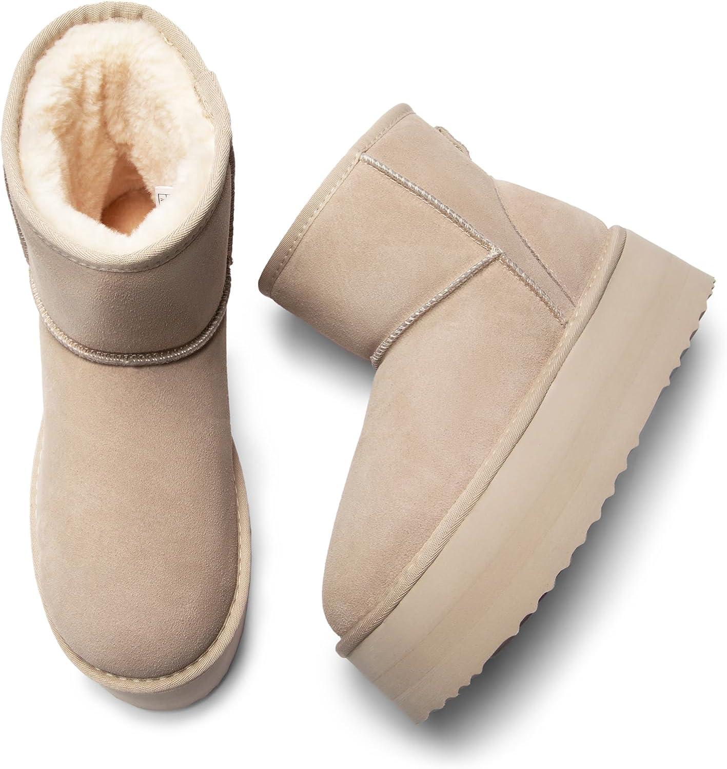 imageDREAM PAIRS Genuine Suede Classic Platform Boots for Women Water Resistant FuzzyClassic Ankle Winter Snow Low Boots with DIY Bows Faux Fur Lining Memory Foam AntiSlipSand