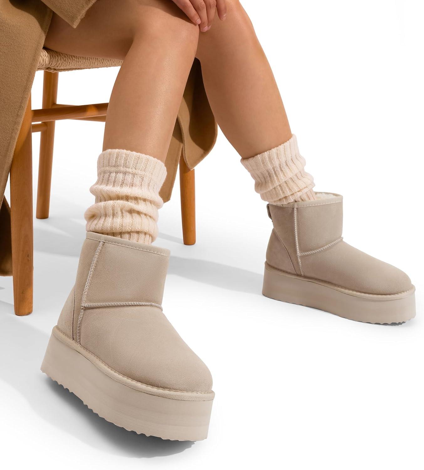 imageDREAM PAIRS Genuine Suede Classic Platform Boots for Women Water Resistant FuzzyClassic Ankle Winter Snow Low Boots with DIY Bows Faux Fur Lining Memory Foam AntiSlipSand