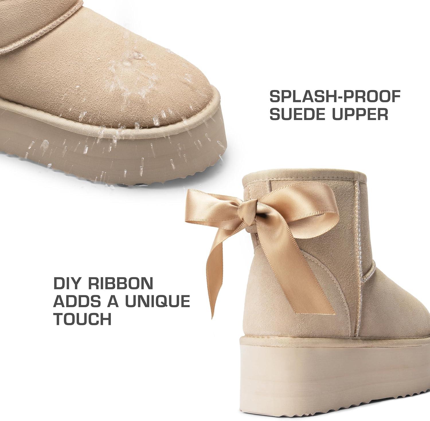 imageDREAM PAIRS Genuine Suede Classic Platform Boots for Women Water Resistant FuzzyClassic Ankle Winter Snow Low Boots with DIY Bows Faux Fur Lining Memory Foam AntiSlipSand