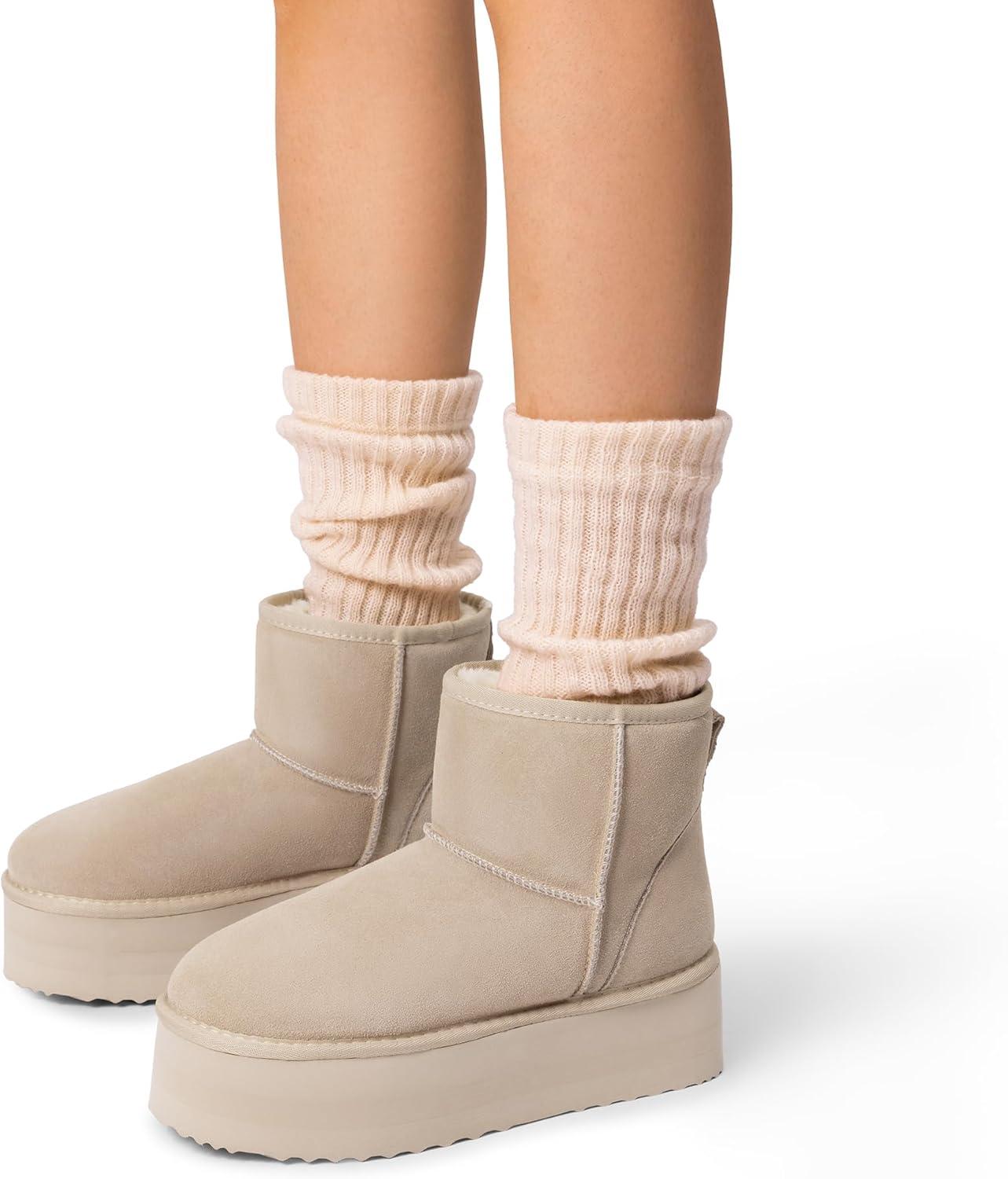 imageDREAM PAIRS Genuine Suede Classic Platform Boots for Women Water Resistant FuzzyClassic Ankle Winter Snow Low Boots with DIY Bows Faux Fur Lining Memory Foam AntiSlipSand