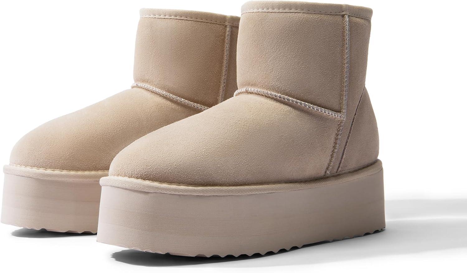 imageDREAM PAIRS Genuine Suede Classic Platform Boots for Women Water Resistant FuzzyClassic Ankle Winter Snow Low Boots with DIY Bows Faux Fur Lining Memory Foam AntiSlipSand