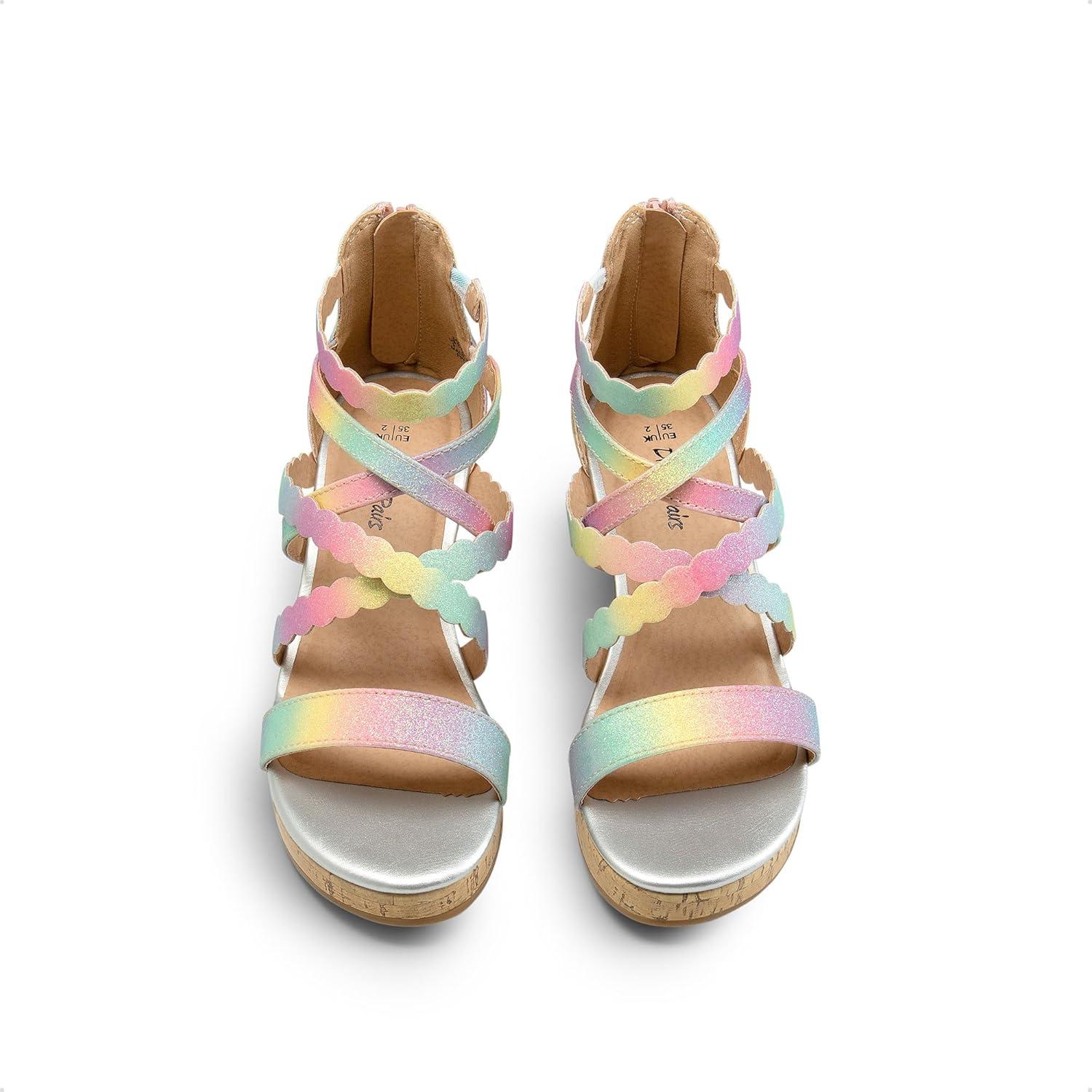 imageDREAM PAIRS Girls Wedge Sandals Flatform Open Toe Platform Sandals Flower Wedding Party for Little KidBig KidRainbow