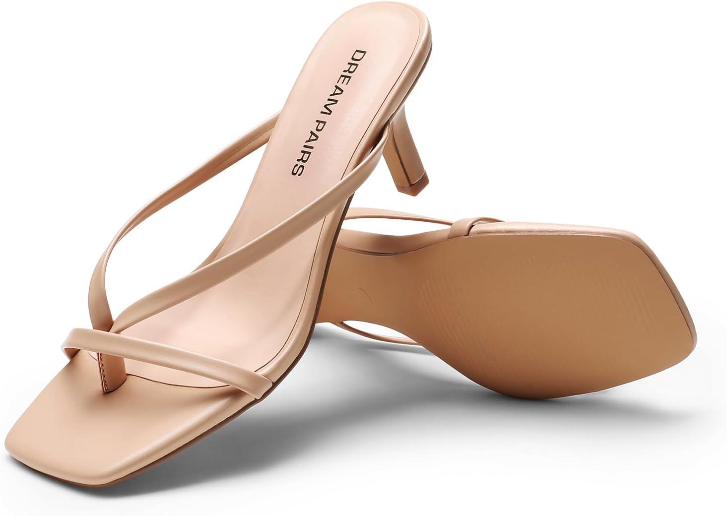 imageDREAM PAIRS Heels for Women Flip Flops Kitten Low Heels Open Square Toe Thong Heeled Sandals Fashion Comfort Shoes for Party Casual SlidesNude