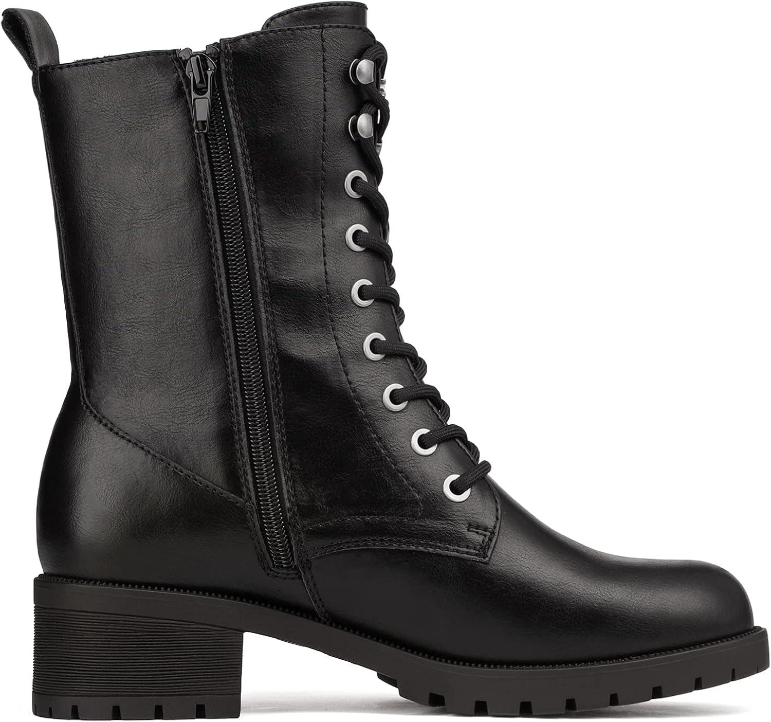 imageDREAM PAIRS Laceup Combat Boots Midcalf Military Winter Boot for WomenBlackPu