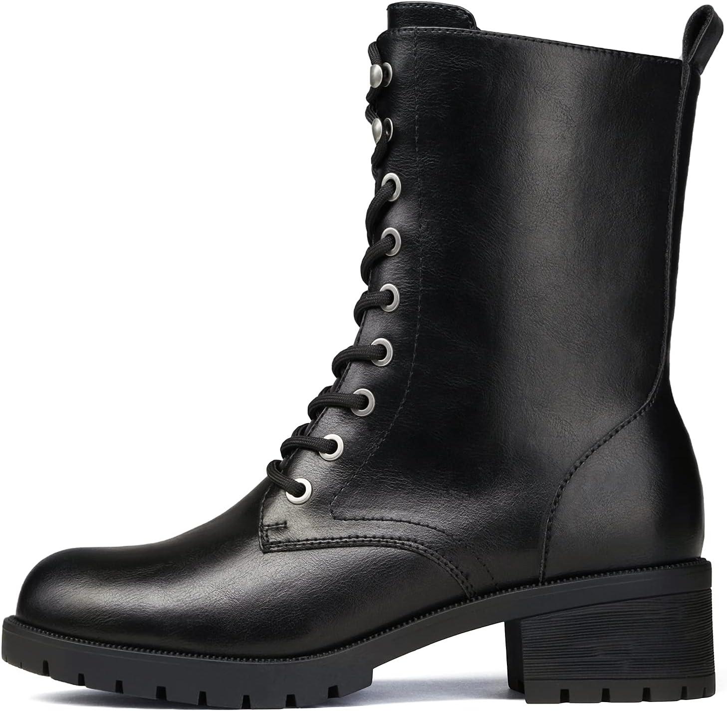 imageDREAM PAIRS Laceup Combat Boots Midcalf Military Winter Boot for WomenBlackPu