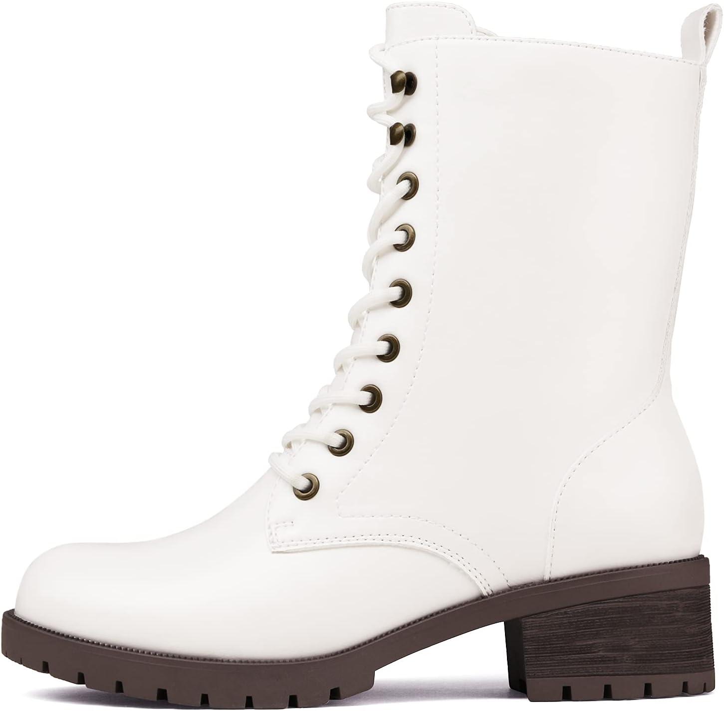 imageDREAM PAIRS Laceup Combat Boots Midcalf Military Winter Boot for WomenWhitePu