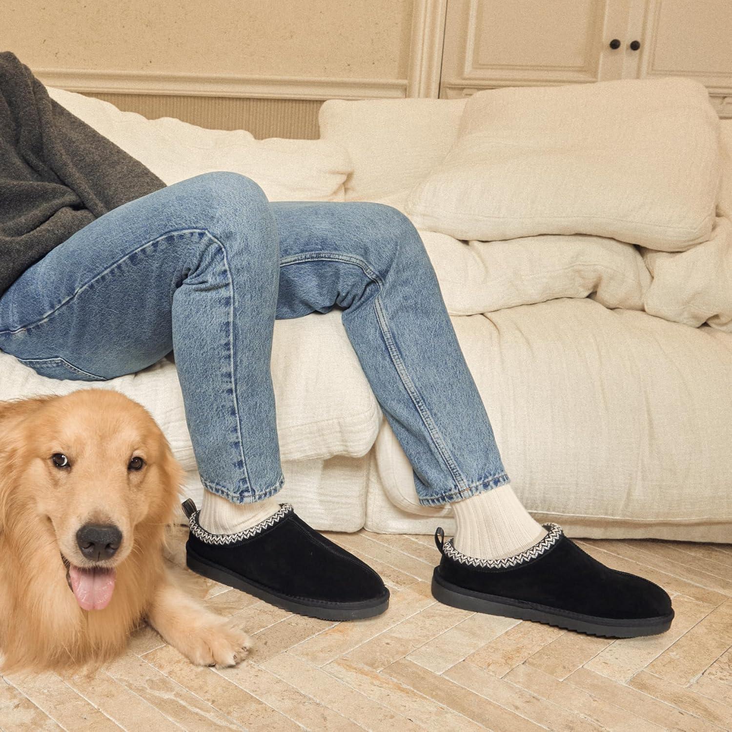 imageDREAM PAIRS Mens Fuzzy Cozy Slippers Genuine Suede Indoor Outdoor Home Comfy Winter Slip On Cute Warm Memory Foam Furry Shoes FuzzyEasyBlack