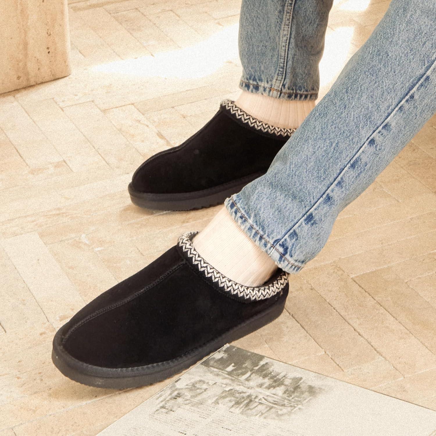 imageDREAM PAIRS Mens Fuzzy Cozy Slippers Genuine Suede Indoor Outdoor Home Comfy Winter Slip On Cute Warm Memory Foam Furry Shoes FuzzyEasyBlack