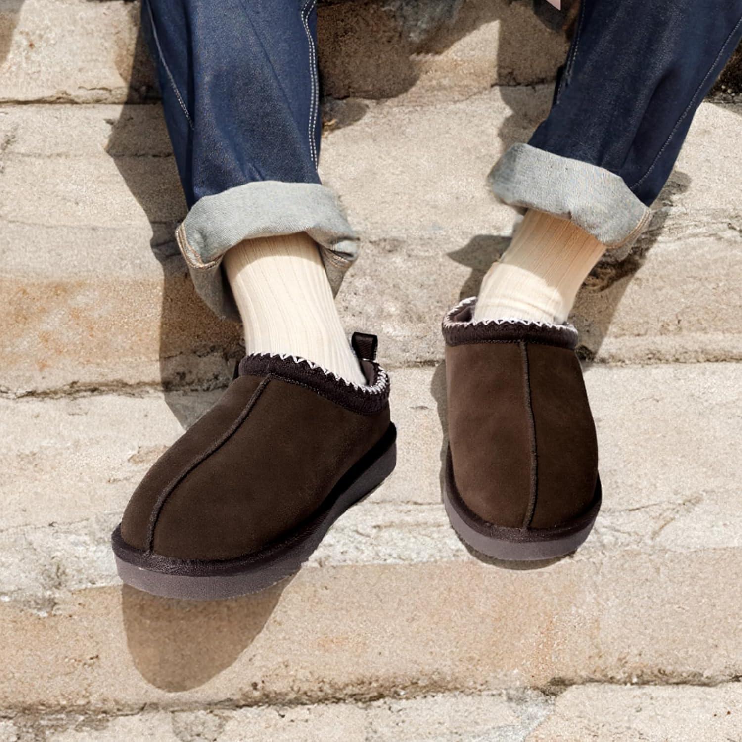 imageDREAM PAIRS Mens Fuzzy Cozy Slippers Genuine Suede Indoor Outdoor Home Comfy Winter Slip On Cute Warm Memory Foam Furry Shoes FuzzyEasyBrown