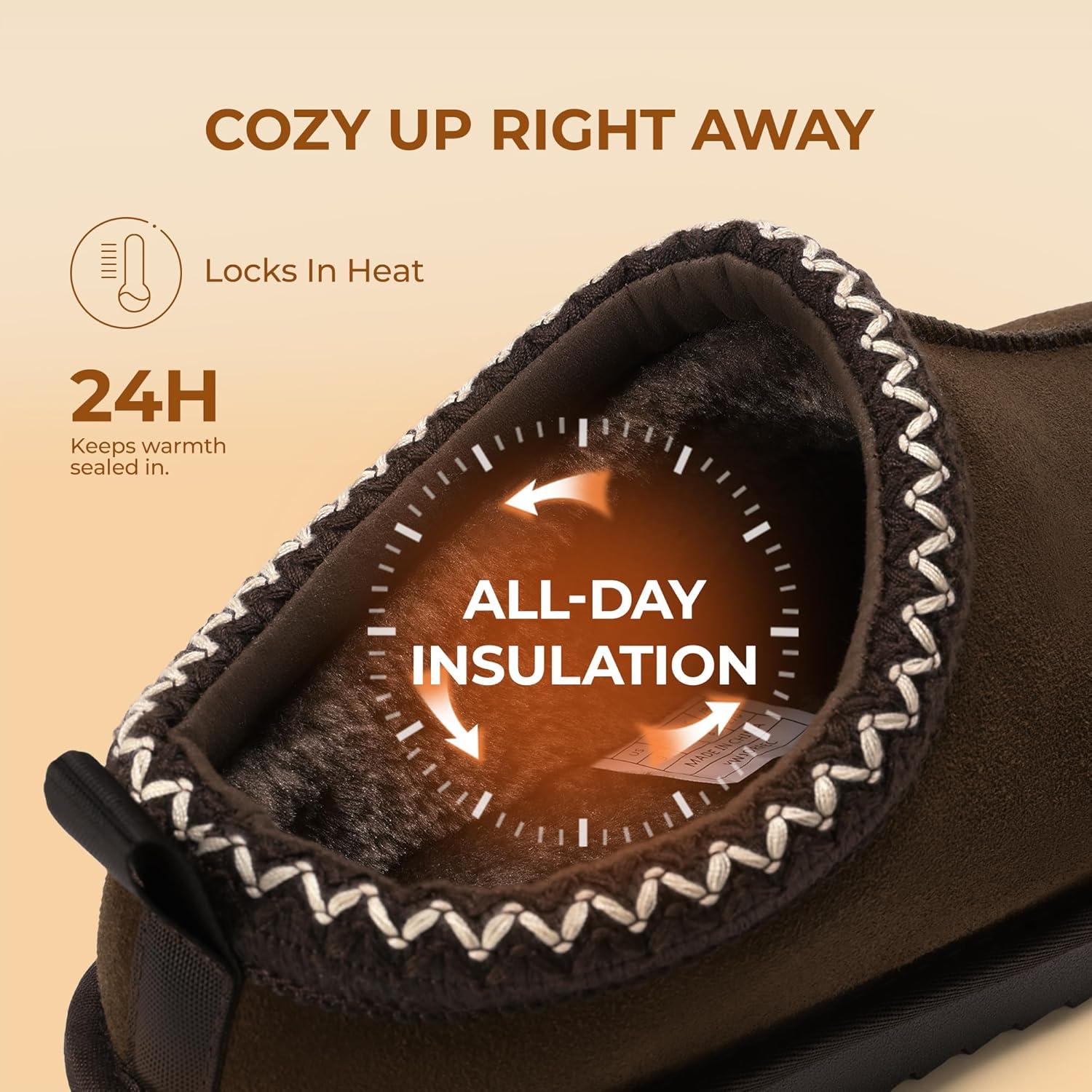 imageDREAM PAIRS Mens Fuzzy Cozy Slippers Genuine Suede Indoor Outdoor Home Comfy Winter Slip On Cute Warm Memory Foam Furry Shoes FuzzyEasyBrown