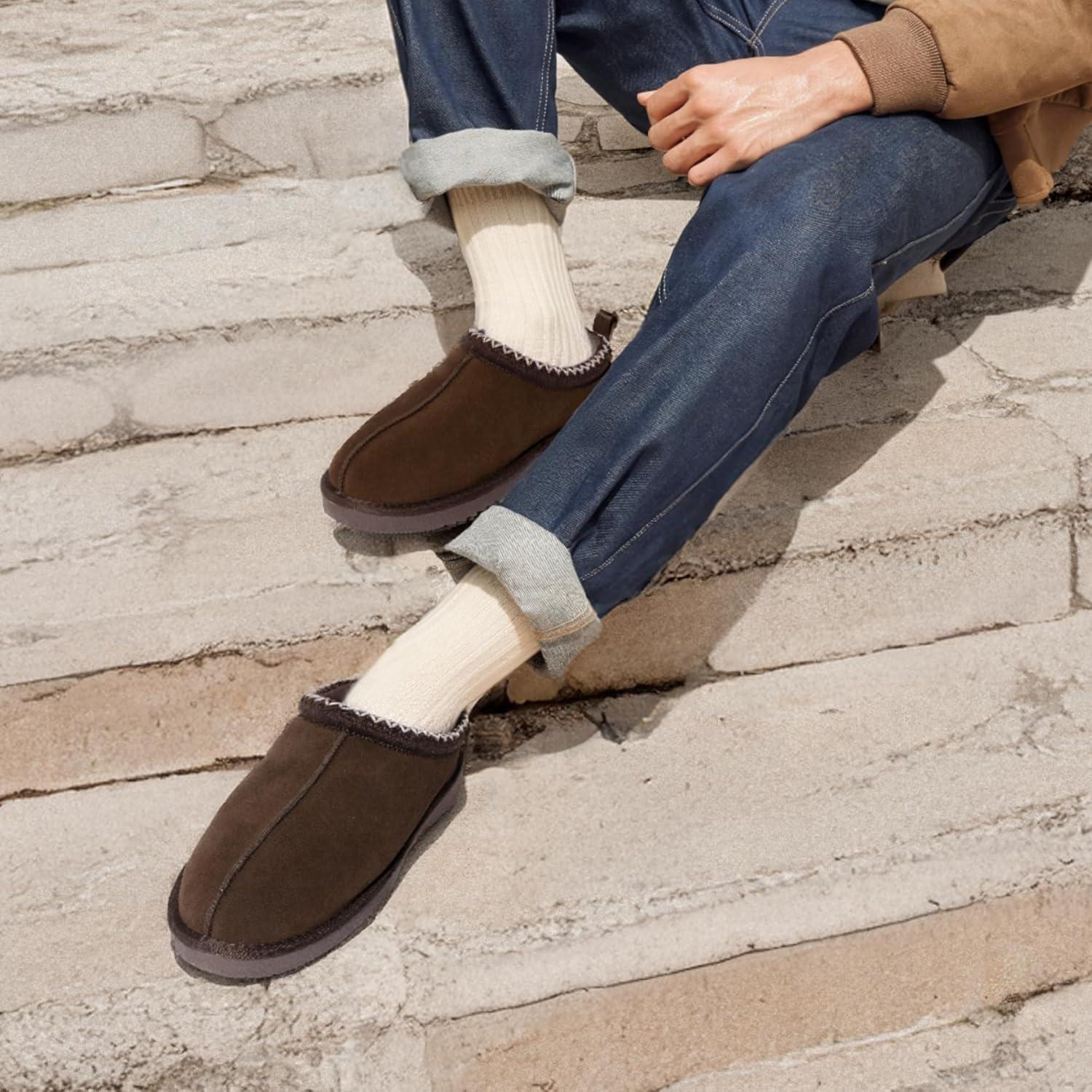 imageDREAM PAIRS Mens Fuzzy Cozy Slippers Genuine Suede Indoor Outdoor Home Comfy Winter Slip On Cute Warm Memory Foam Furry Shoes FuzzyEasyBrown