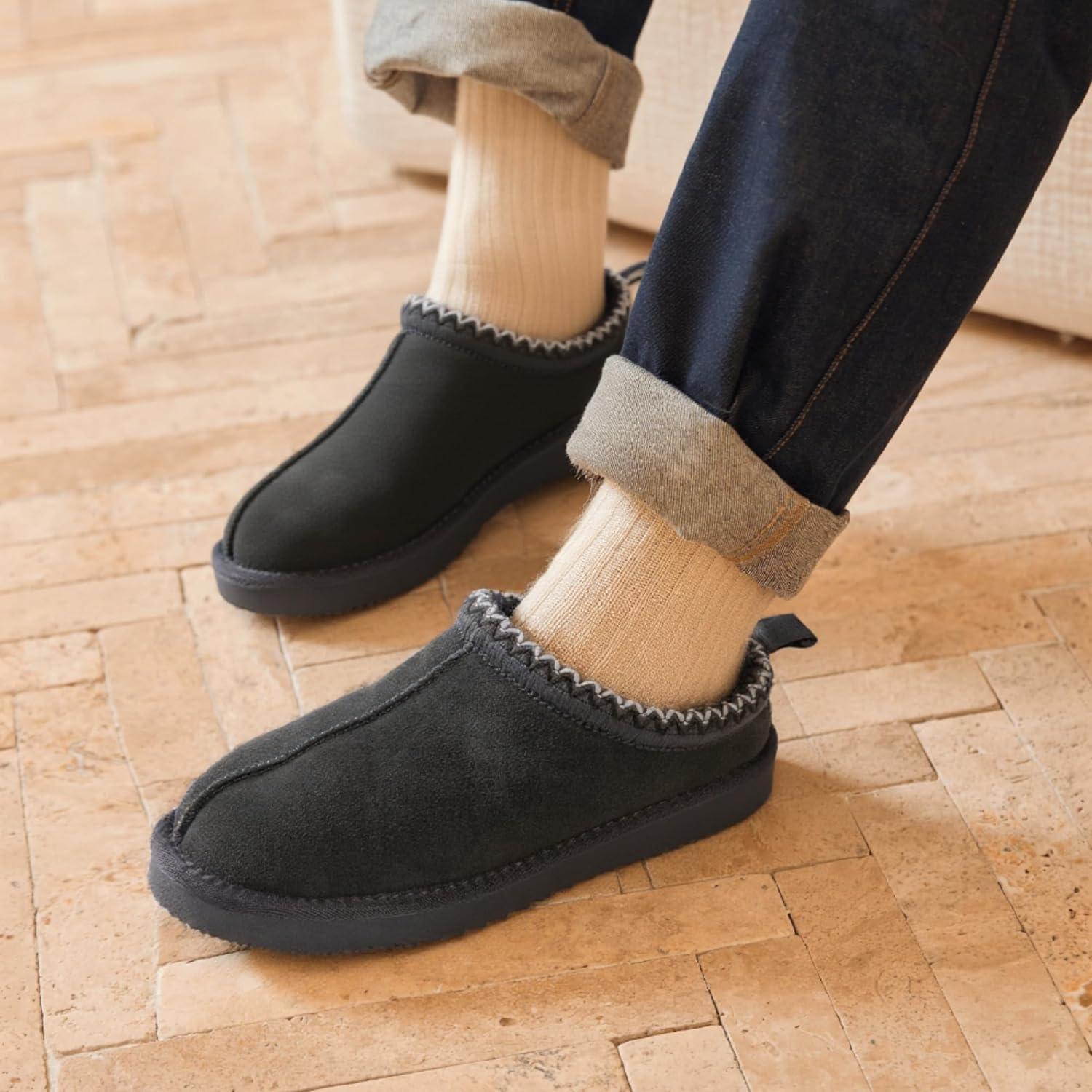 imageDREAM PAIRS Mens Fuzzy Cozy Slippers Genuine Suede Indoor Outdoor Home Comfy Winter Slip On Cute Warm Memory Foam Furry Shoes FuzzyEasyGrey