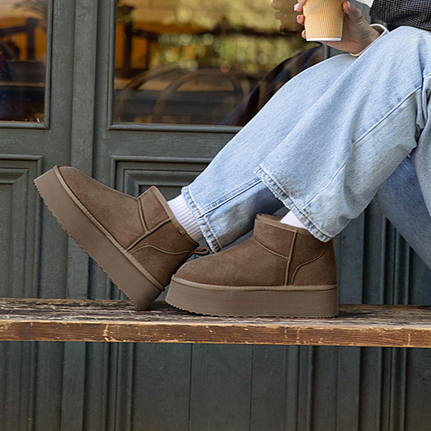 imageDREAM PAIRS Platform Mini Boots for Women Suede Genuine Leather Classic Winter Ankle Snow Boots with Memory Foam Insole Lightweight AntiSlip Outsole FuzzyClassicTaupe