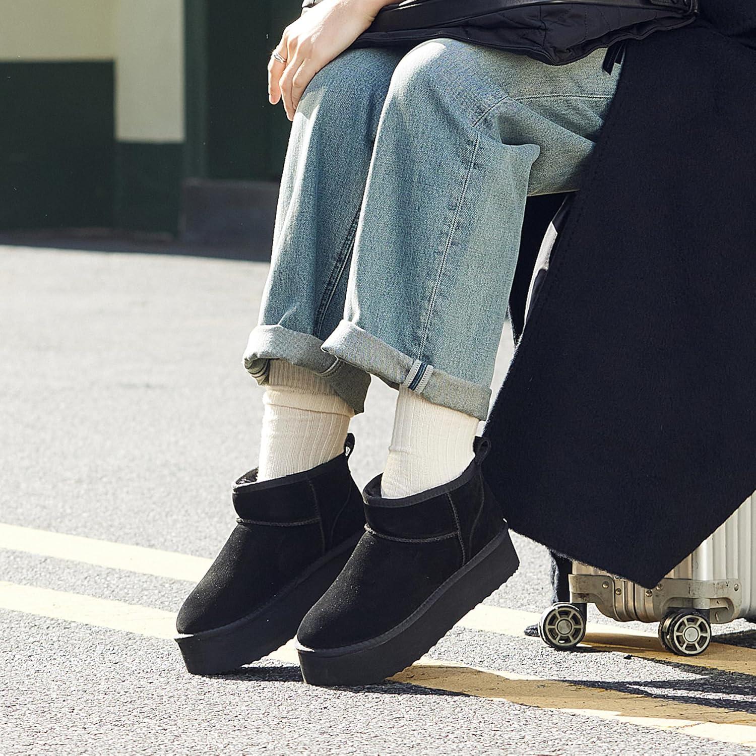 imageDREAM PAIRS Platform Mini Boots for Women Suede Genuine Leather Classic Winter Ankle Snow Boots with Memory Foam Insole Lightweight AntiSlip Outsole FuzzyClassicBlack