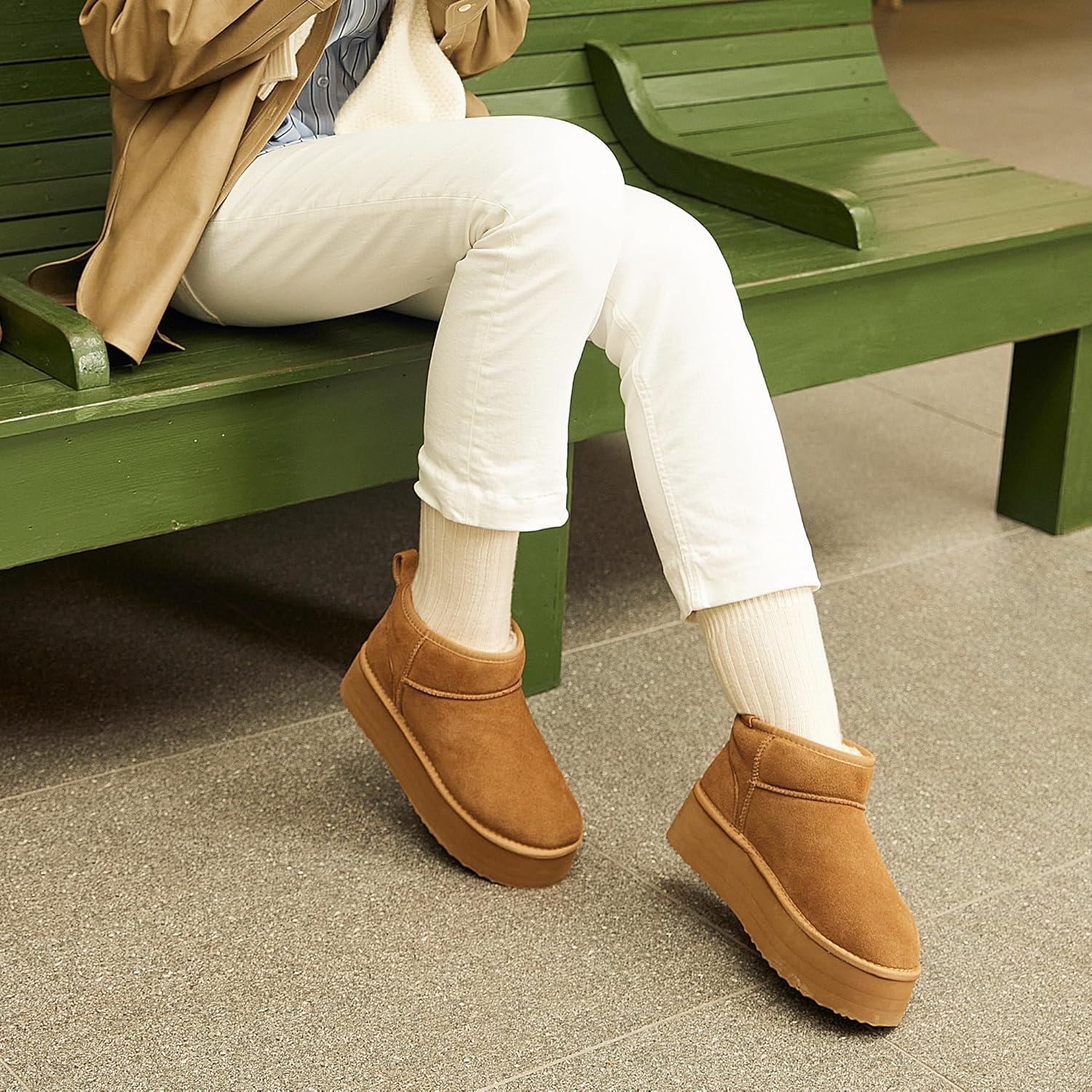 imageDREAM PAIRS Platform Mini Boots for Women Suede Genuine Leather Classic Winter Ankle Snow Boots with Memory Foam Insole Lightweight AntiSlip Outsole FuzzyClassicChestnut