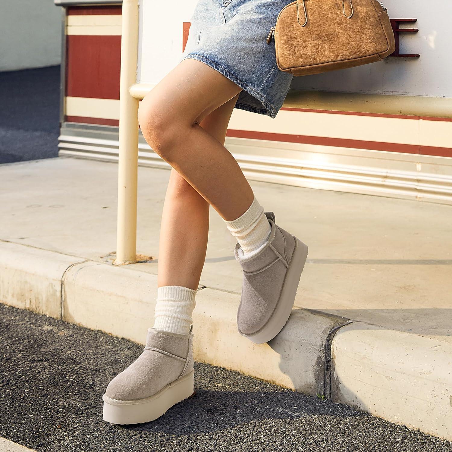 imageDREAM PAIRS Platform Mini Boots for Women Suede Genuine Leather Classic Winter Ankle Snow Boots with Memory Foam Insole Lightweight AntiSlip Outsole FuzzyClassicSand