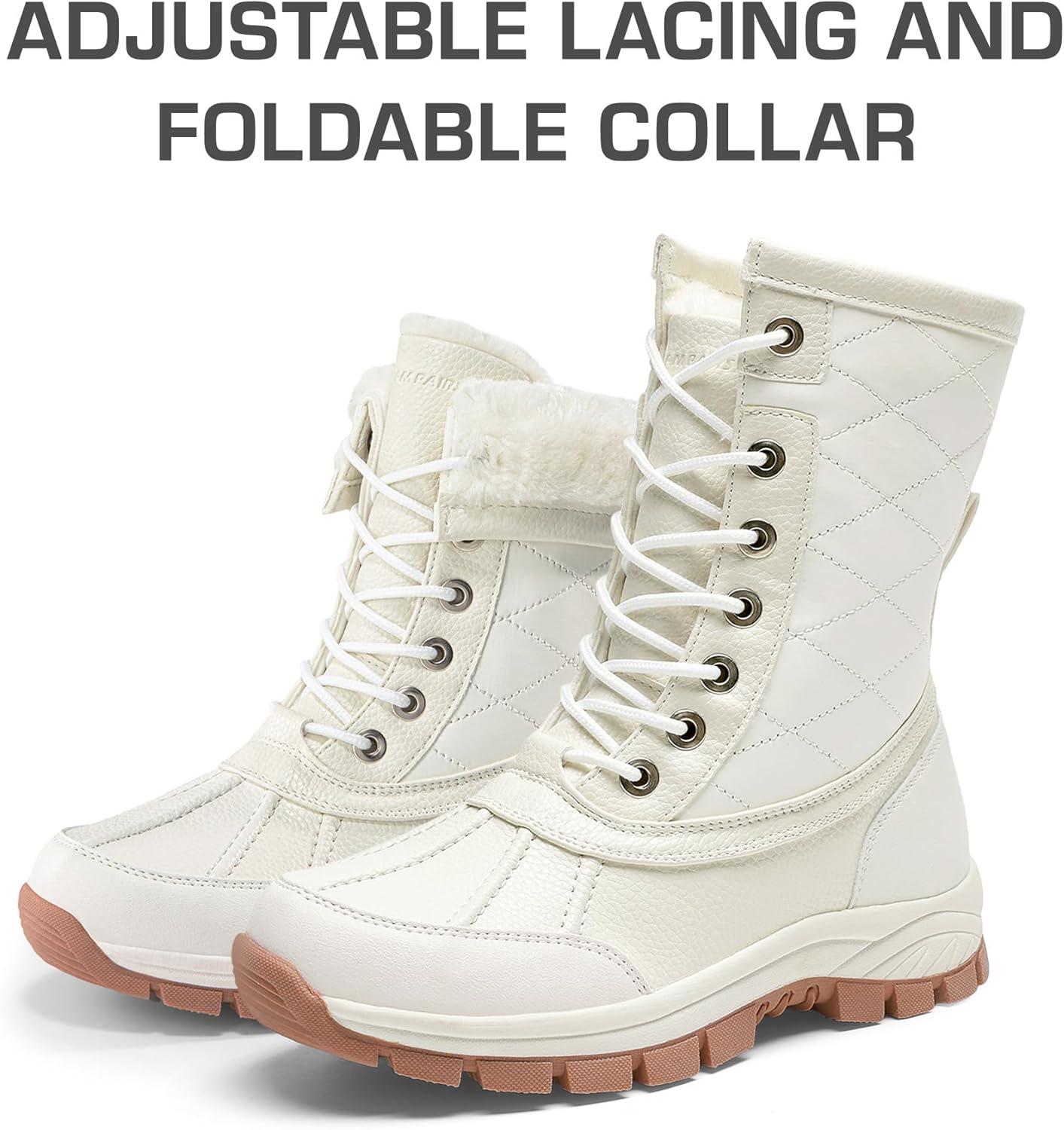 imageDREAM PAIRS Snow Boots for Women Waterproof Mid Calf Lace Up Duck Boots Warm Faux Fur FuzzyGo Bold Winter Boots for OutdoorBeige