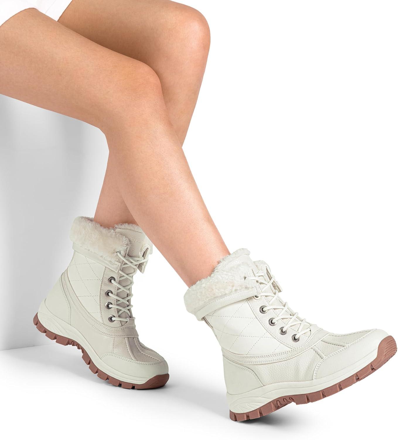 imageDREAM PAIRS Snow Boots for Women Waterproof Mid Calf Lace Up Duck Boots Warm Faux Fur FuzzyGo Bold Winter Boots for OutdoorBeige