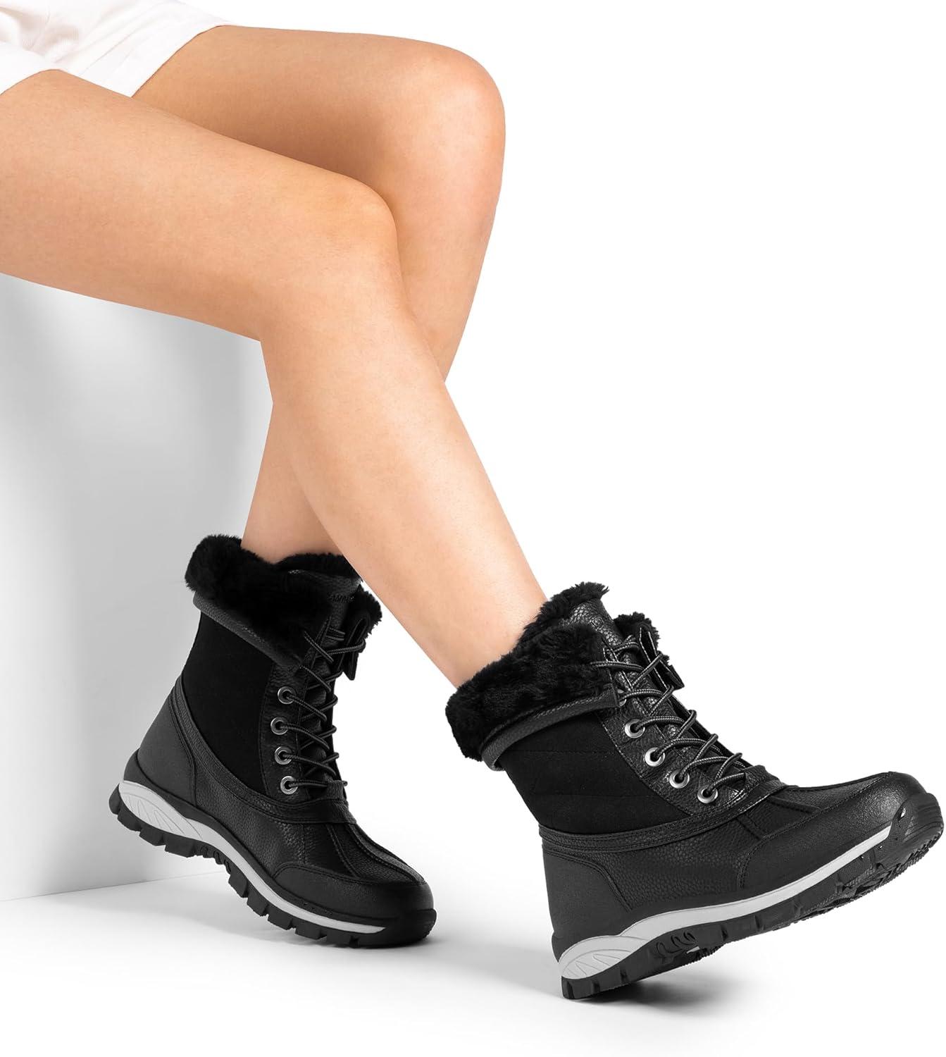 imageDREAM PAIRS Snow Boots for Women Waterproof Mid Calf Lace Up Duck Boots Warm Faux Fur FuzzyGo Bold Winter Boots for OutdoorBlack