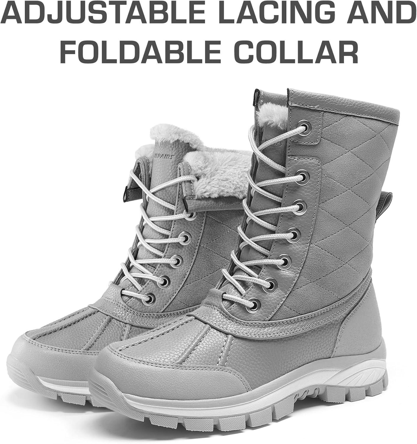 imageDREAM PAIRS Snow Boots for Women Waterproof Mid Calf Lace Up Duck Boots Warm Faux Fur FuzzyGo Bold Winter Boots for OutdoorLight Grey