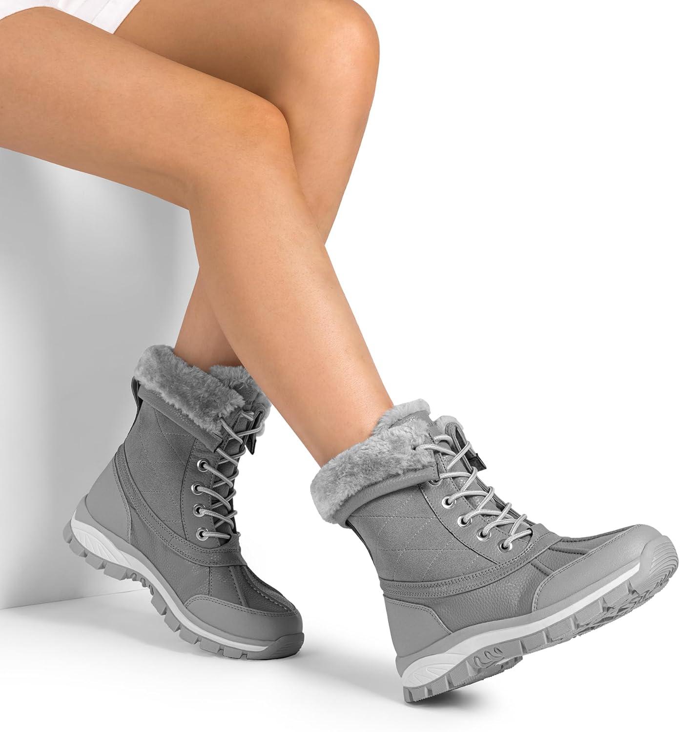 imageDREAM PAIRS Snow Boots for Women Waterproof Mid Calf Lace Up Duck Boots Warm Faux Fur FuzzyGo Bold Winter Boots for OutdoorLight Grey