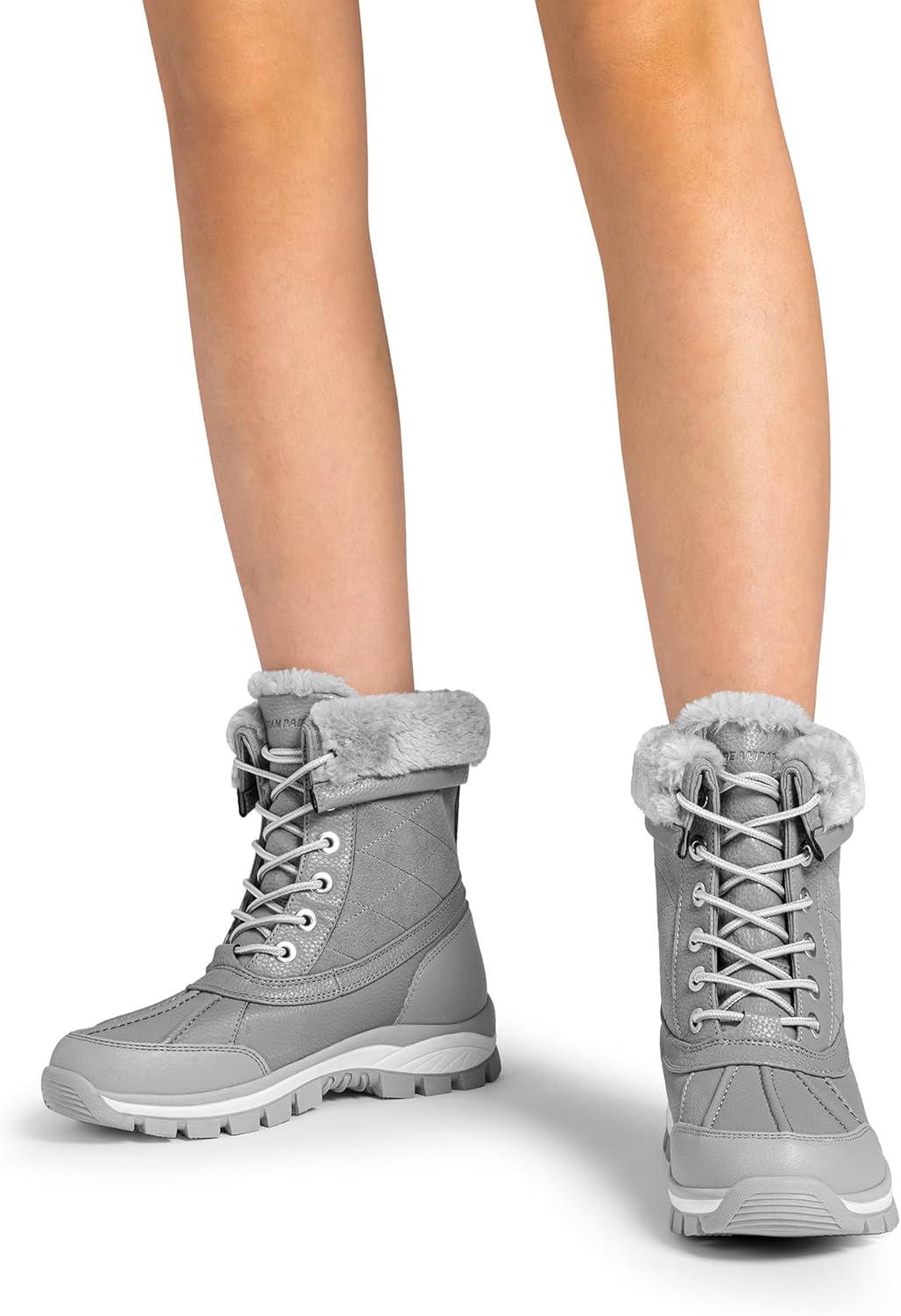 imageDREAM PAIRS Snow Boots for Women Waterproof Mid Calf Lace Up Duck Boots Warm Faux Fur FuzzyGo Bold Winter Boots for OutdoorLight Grey