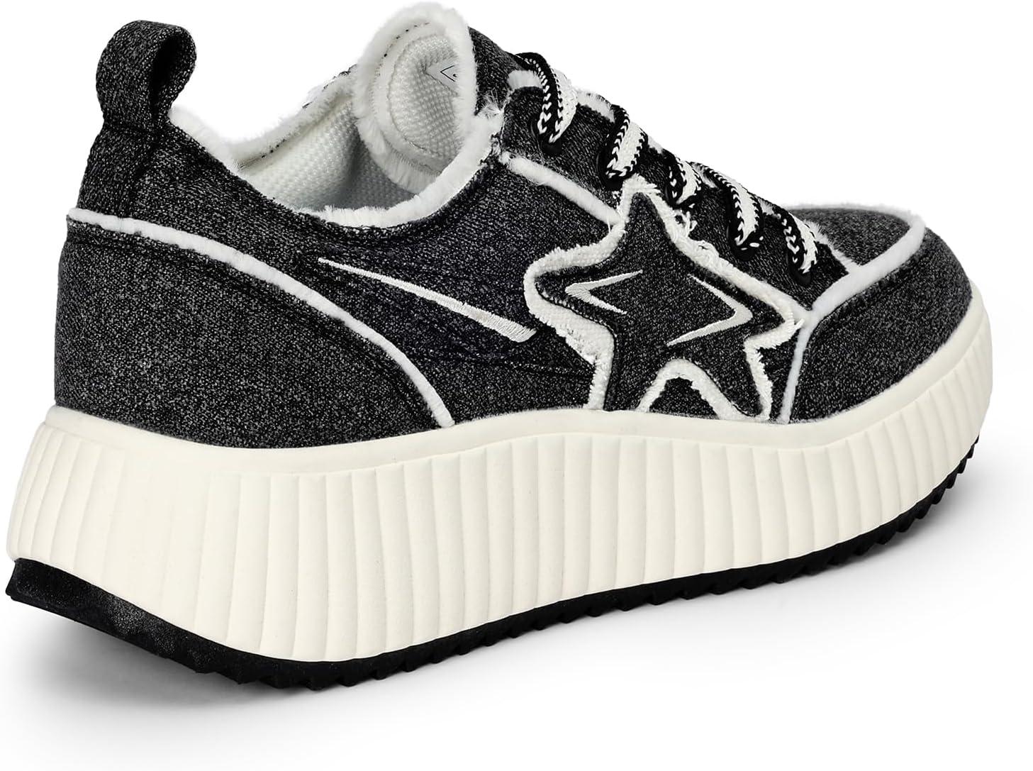 imageDREAM PAIRS Women Platform Chunky Lightweight Comfortable Casual Denim Fabric LaceUp Kay Walking Fashion SneakersBlackWhite