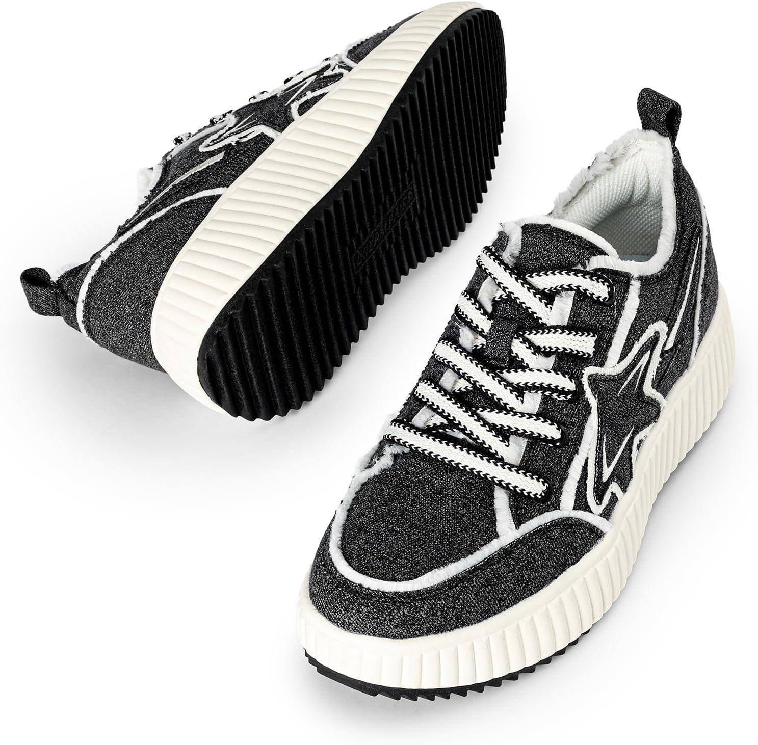 imageDREAM PAIRS Women Platform Chunky Lightweight Comfortable Casual Denim Fabric LaceUp Kay Walking Fashion SneakersBlackWhite