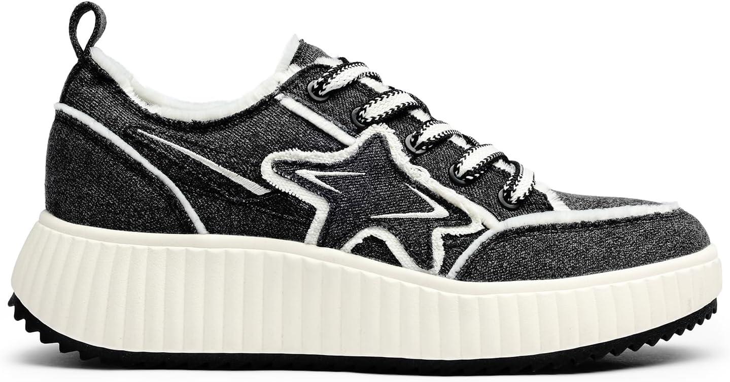 imageDREAM PAIRS Women Platform Chunky Lightweight Comfortable Casual Denim Fabric LaceUp Kay Walking Fashion SneakersBlackWhite